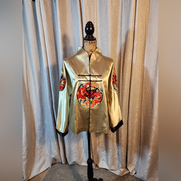 Stunning Gold Asian Dragon Qipao Grace Chuang NY Open Front Jacket Blazer Sz L - Picture 1 of 10